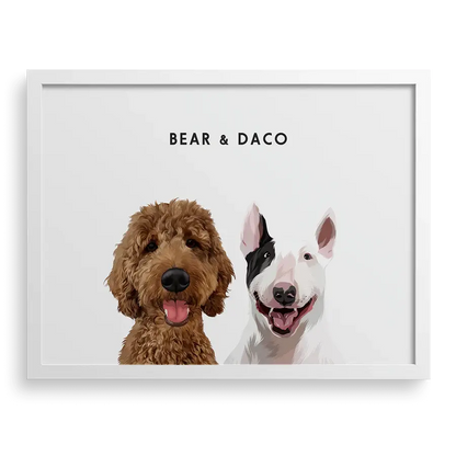 Custom Portrait for Two Pets on Soft White background with White frame — elegant personalized pet portrait by Paw-Pixie