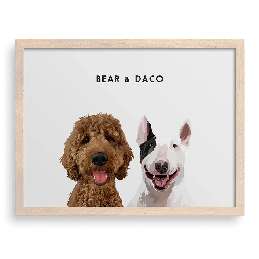Custom Portrait for Two Pets on Soft White background with Brown frame — personalized pet portrait wall art by Paw-Pixie