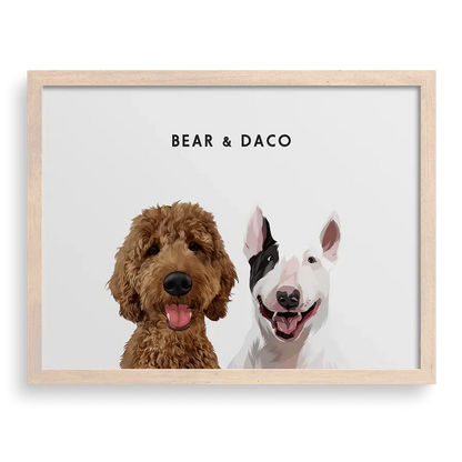 Custom Portrait for Two Pets on Soft White background with Brown frame — personalized pet portrait wall art by Paw-Pixie