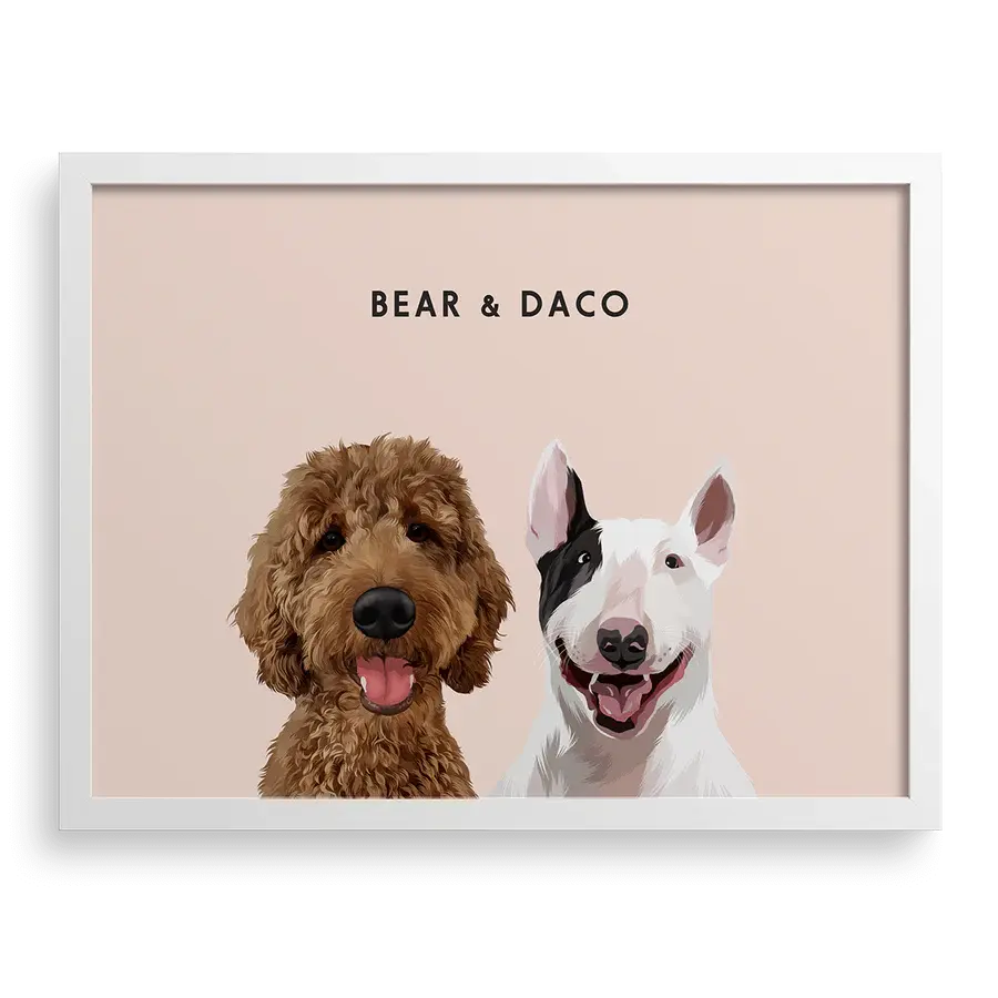 Custom Portrait for Two Pets on Dusty Pink background with White frame — stylish pet portrait print by Paw-Pixie