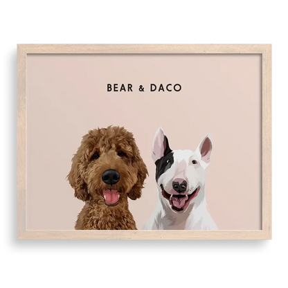 Custom Portrait for Two Pets on Dusty Pink background with Brown frame — stylish personalized pet portrait gift by Paw-Pixie