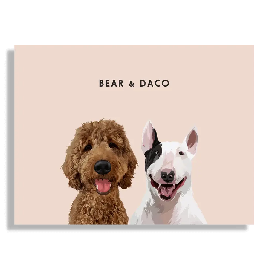 Custom Portrait for Two Pets on Dusty Pink background, no frame — modern pet memorial portrait by Paw-Pixie