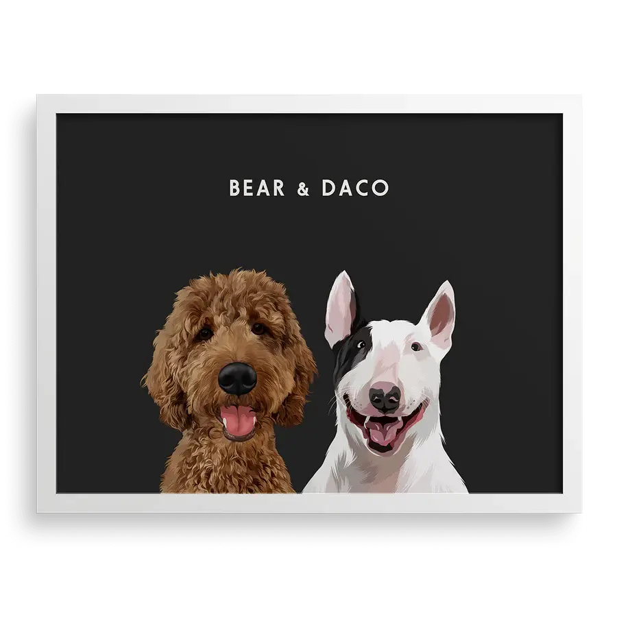 Custom Portrait for Two Pets on Charcoal Gray background with White frame — stylish custom pet portrait by Paw-Pixie