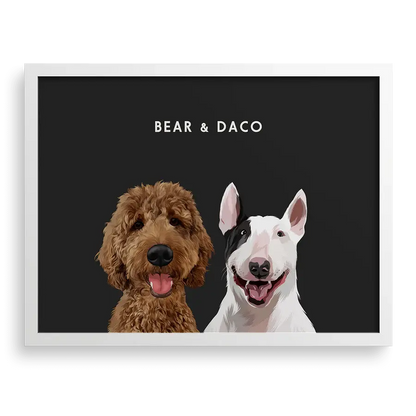 Custom Portrait for Two Pets on Charcoal Gray background with White frame — stylish custom pet portrait by Paw-Pixie