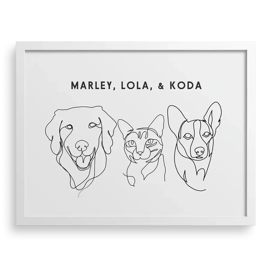 Custom Three  Pet Line Drawing Portrait on Soft White background with White frame — renaissance pet, dog memorial, plush animal pillows by Paw-Pixie