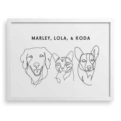 Custom Three  Pet Line Drawing Portrait on Soft White background with White frame — renaissance pet, dog memorial, plush animal pillows by Paw-Pixie