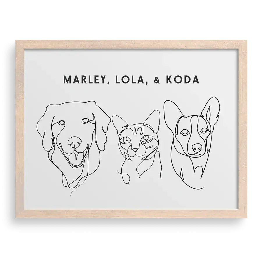 Custom Three Pet Line Drawing Portrait on Soft White background with Brown frame – custom dog and cat memorial gift