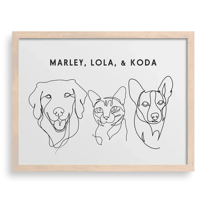 Custom Three Pet Line Drawing Portrait on Soft White background with Brown frame – custom dog and cat memorial gift