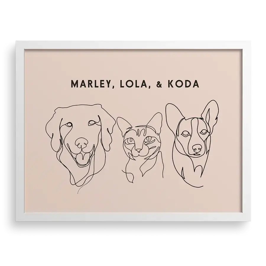Custom Three Pet Line Drawing Portrait on Dusty Pink background with White frame – personalised dog and cat memorial art gift