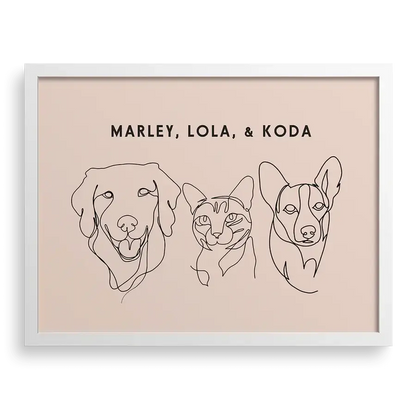 Custom Three Pet Line Drawing Portrait on Dusty Pink background with White frame – personalised dog and cat memorial art gift