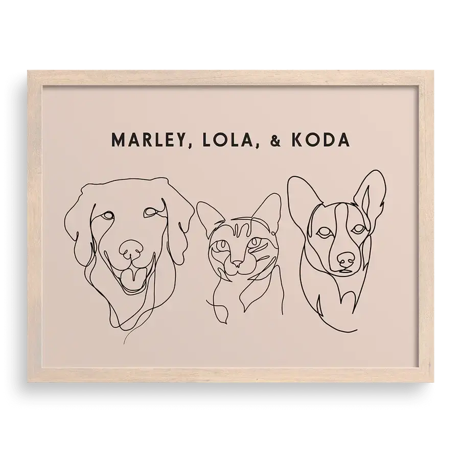 Custom Three  Pet Line Drawing Portrait on Dusty Pink background with Brown frame – custom pet memorial gifts and artwork