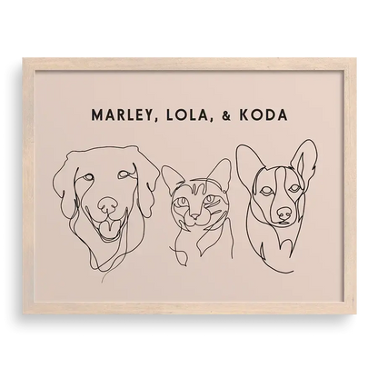 Custom Three  Pet Line Drawing Portrait on Dusty Pink background with Brown frame – custom pet memorial gifts and artwork