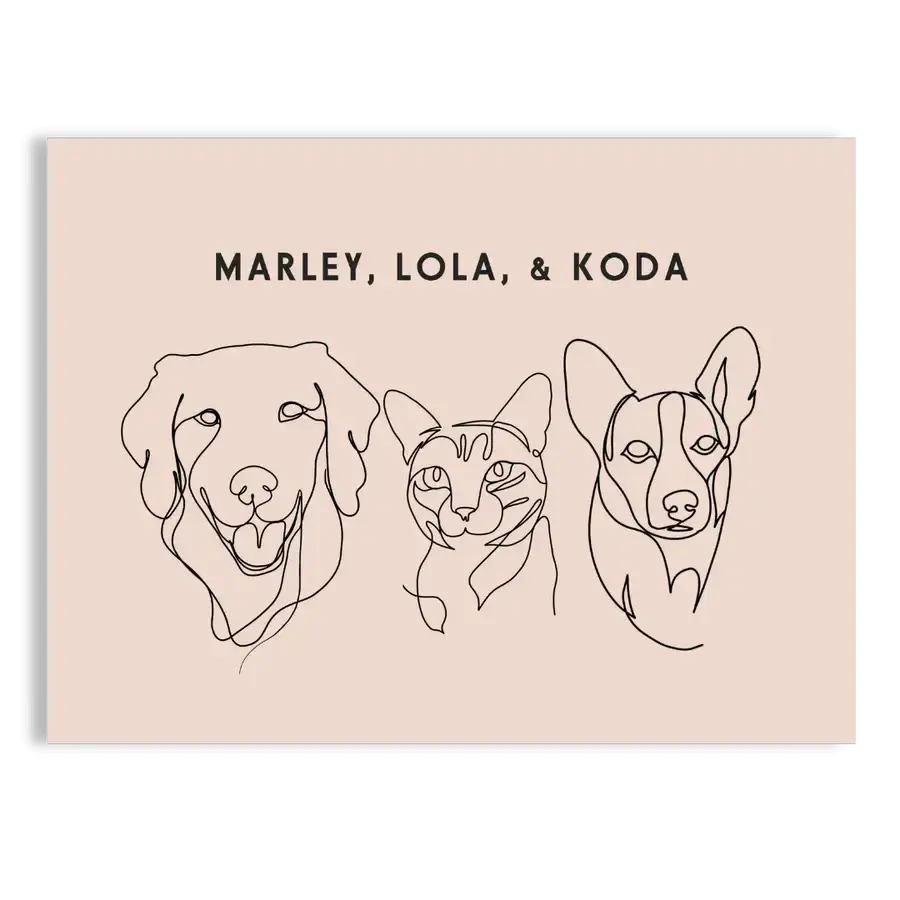 Custom Three Pet Line Drawing Portrait on Dusty Pink background with No Frame – minimalist pet memorial gift