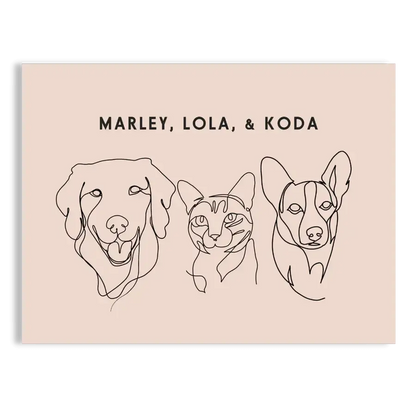 Custom Three Pet Line Drawing Portrait on Dusty Pink background with No Frame – minimalist pet memorial gift