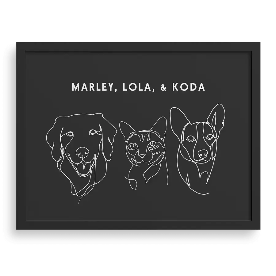 Custom Three Pet Line Drawing Portrait on Charcoal Gray background with Black frame – personalised dog and cat memorial wall art gift by Paw-Pixie