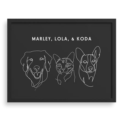 Custom Three Pet Line Drawing Portrait on Charcoal Gray background with Black frame – personalised dog and cat memorial wall art gift by Paw-Pixie