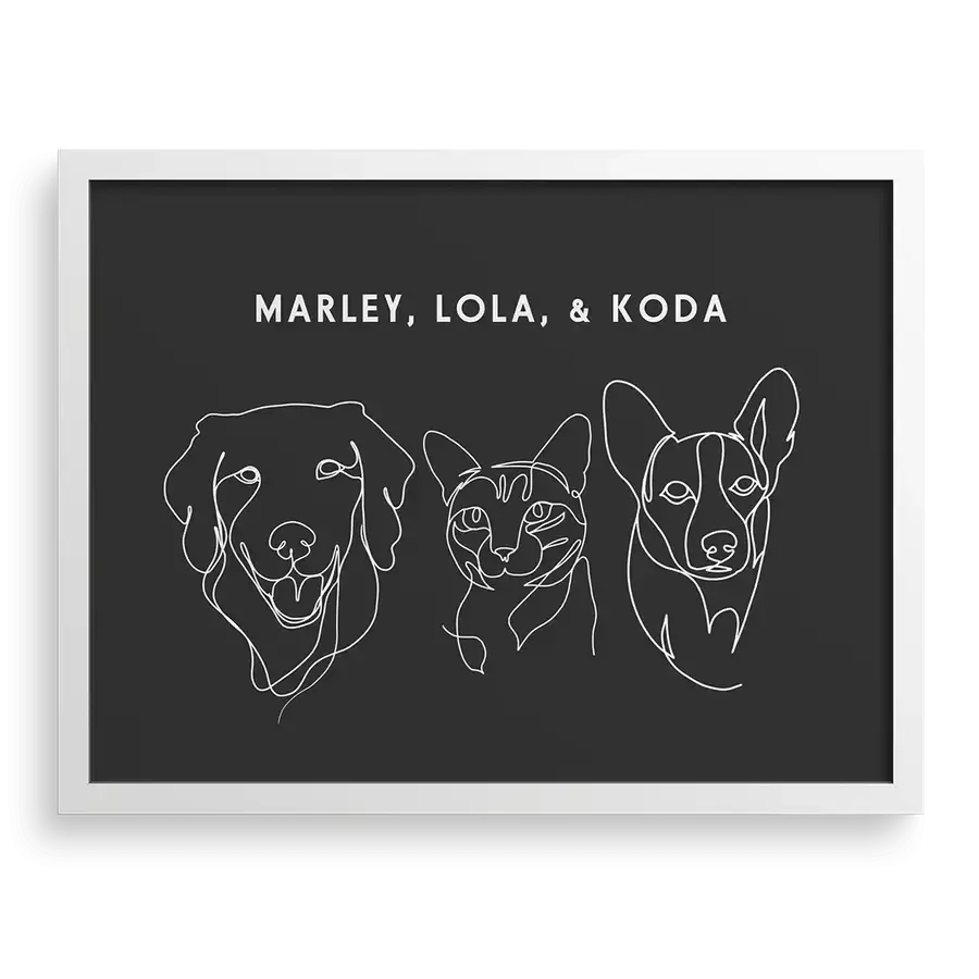 Custom Three  Pet Line Drawing Portrait on Charcoal Gray background with White frame — dog and cat for art, dog memorial gifts, personalised soft toys by Paw-Pixie