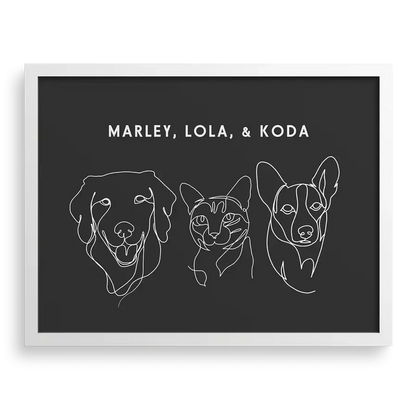 Custom Three  Pet Line Drawing Portrait on Charcoal Gray background with White frame — dog and cat for art, dog memorial gifts, personalised soft toys by Paw-Pixie