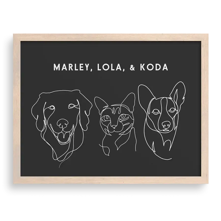 Custom Three  Pet Line Drawing Portrait on Charcoal Gray background with Brown frame – dog and cat memorial keepsake art
