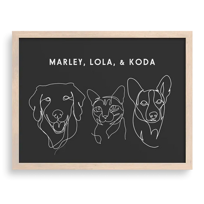 Custom Three  Pet Line Drawing Portrait on Charcoal Gray background with Brown frame – dog and cat memorial keepsake art