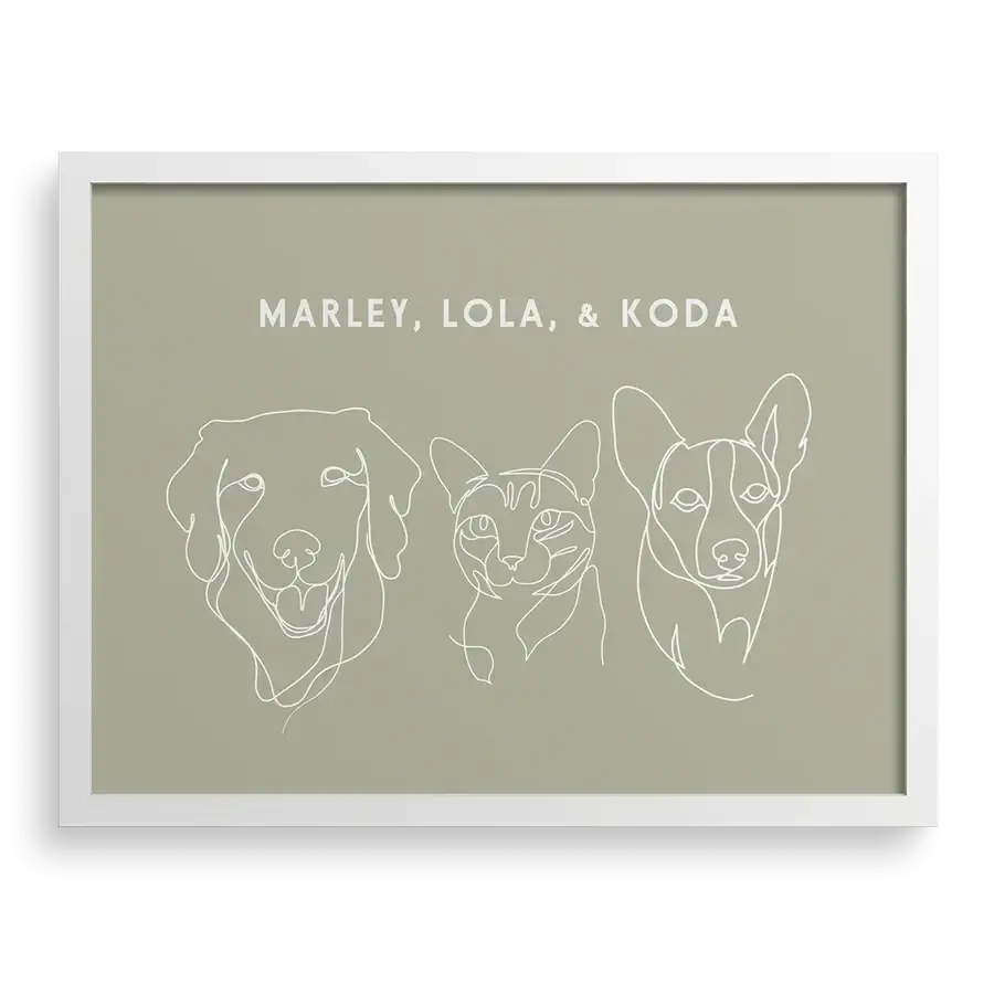 Custom Three  Pet Line Drawing Portrait on Sage background with White frame – dog memorial gifts and pet remembrance art