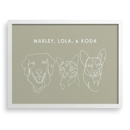 Custom Three  Pet Line Drawing Portrait on Sage background with White frame – dog memorial gifts and pet remembrance art
