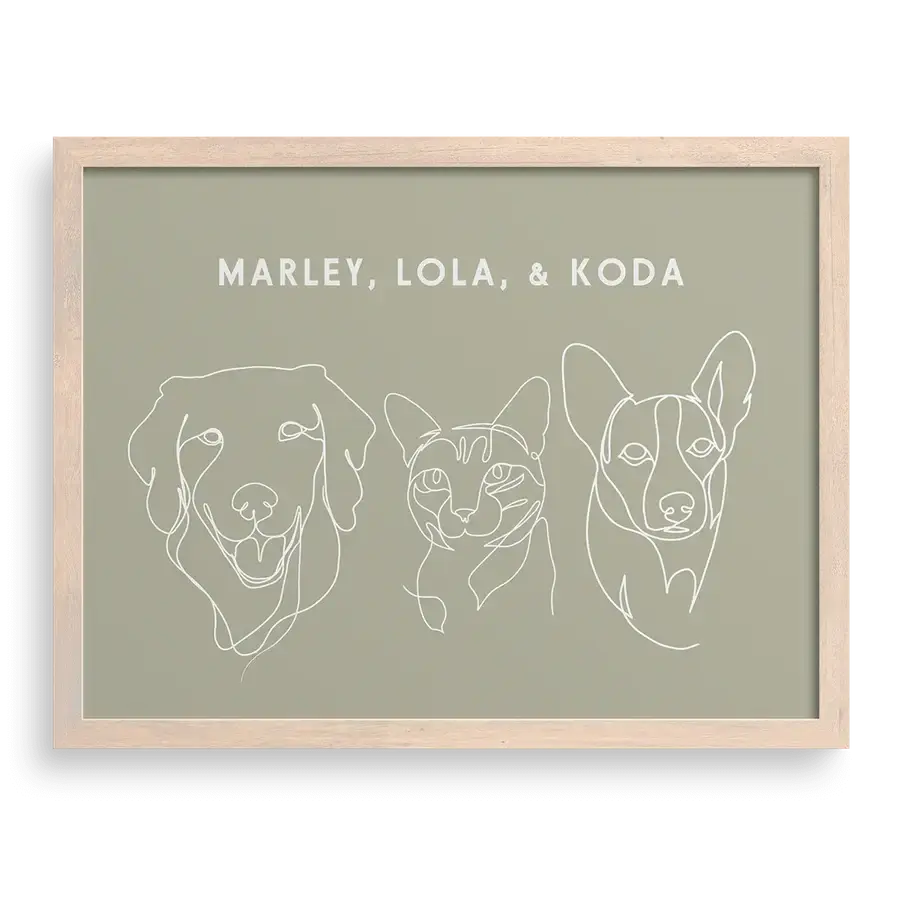 Custom Three Pet Line Drawing Portrait on Sage background with Brown frame – personalised pet memorial wall art gift