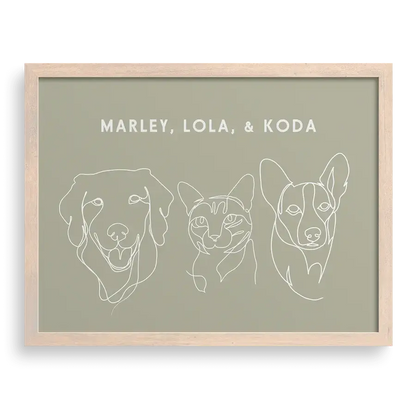Custom Three Pet Line Drawing Portrait on Sage background with Brown frame – personalised pet memorial wall art gift