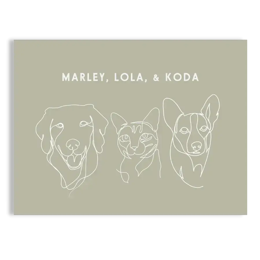 Custom Portrait for Three  Pets line drawing on Sage background with no frame — dog and cat for art, pet memorial gifts, dog memorial by Paw-Pixie