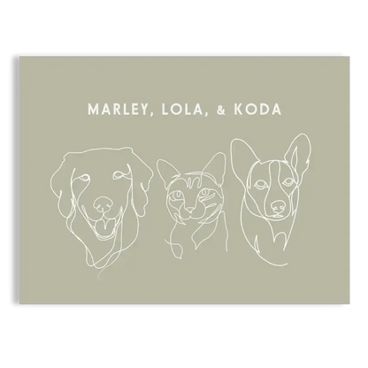 Custom Portrait for Three  Pets line drawing on Sage background with no frame — dog and cat for art, pet memorial gifts, dog memorial by Paw-Pixie