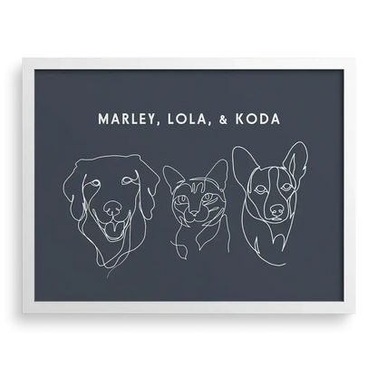 Custom Three Pet Line Drawing Portrait on Navy background with White frame – personalized pet memorial wall decor