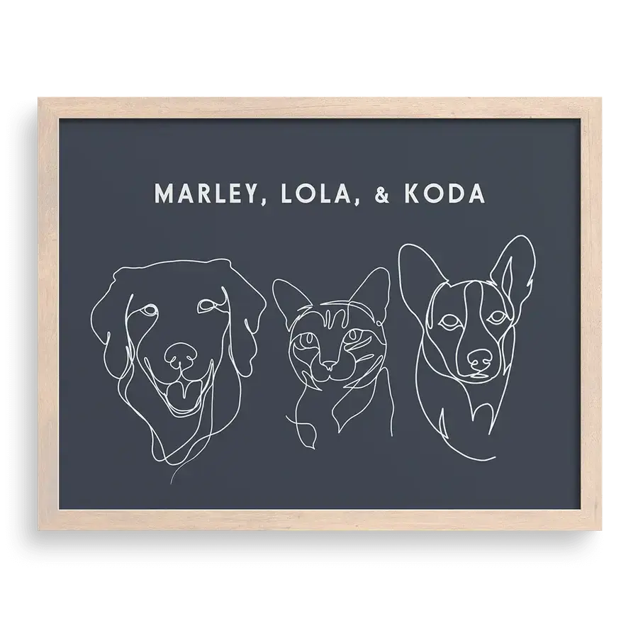 Custom Three  Pet Line Drawing Portrait on Navy background with Brown frame – personalised pet memorial wall artwork