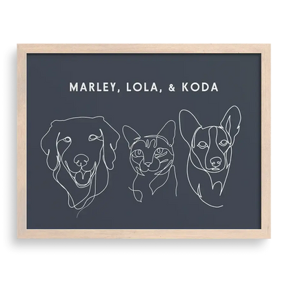 Custom Three  Pet Line Drawing Portrait on Navy background with Brown frame – personalised pet memorial wall artwork