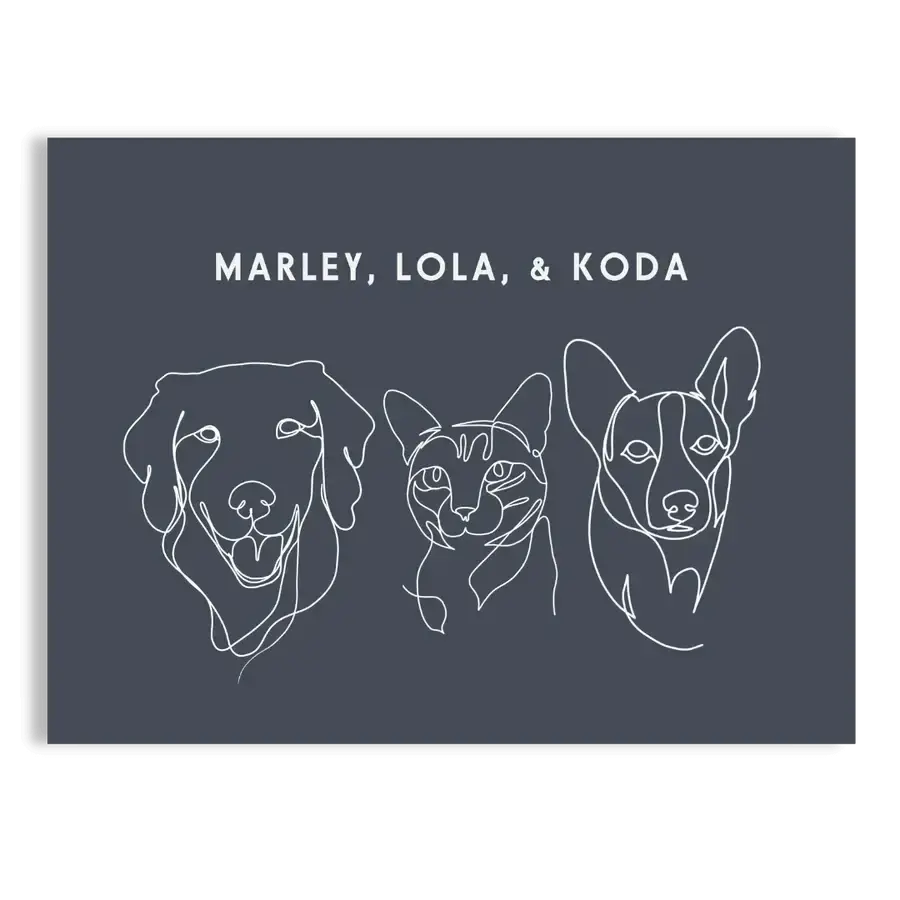 Custom Three  Pet Line Drawing Portrait on Navy background with No Frame — adult soft toys, cuddle clones louisville, pet memorial gifts by Paw-Pixie