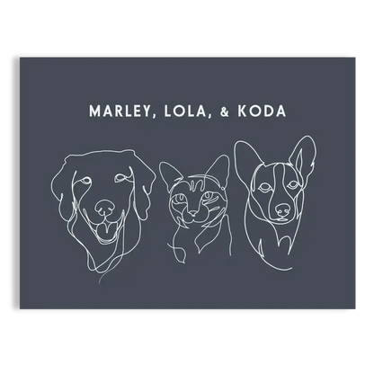 Custom Three  Pet Line Drawing Portrait on Navy background with No Frame — adult soft toys, cuddle clones louisville, pet memorial gifts by Paw-Pixie