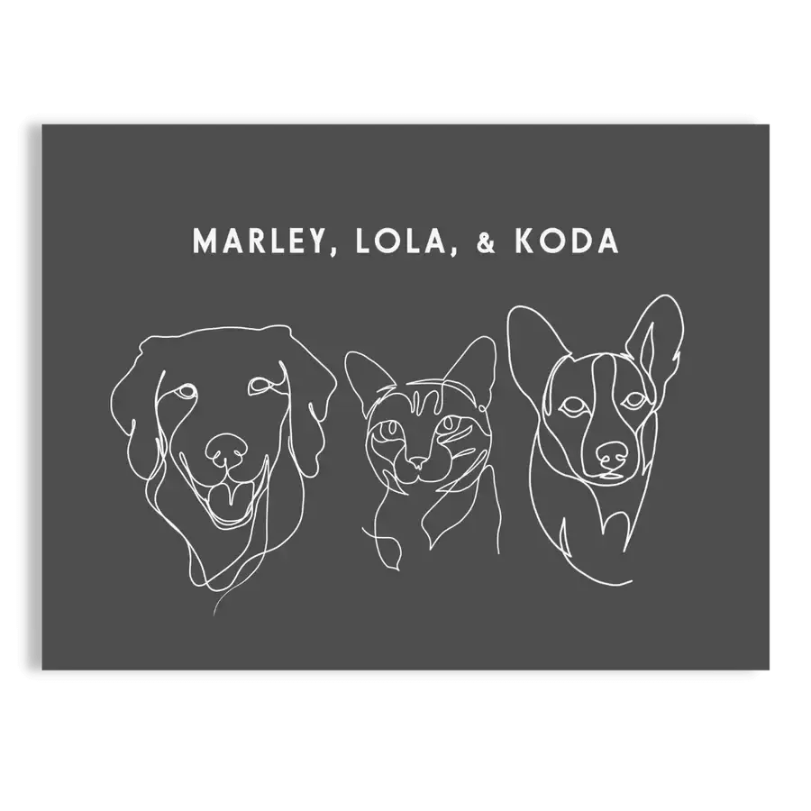 Custom Three Pet Line Drawing Portrait on Charcoal Gray background with No Frame – elegant dog and cat memorial art