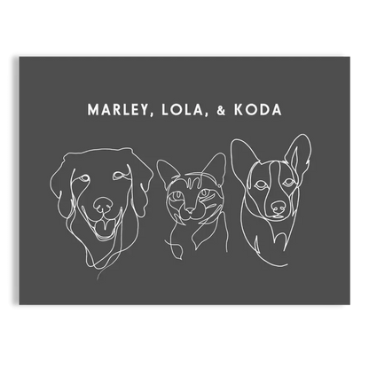 Custom Three Pet Line Drawing Portrait on Charcoal Gray background with No Frame – elegant dog and cat memorial art