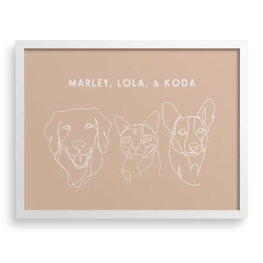 Custom Three  Pet Line Drawing Portrait on Terracotta background with White frame — dog beanie babies, dog memorial gifts, memorial for a pet by Paw-Pixie
