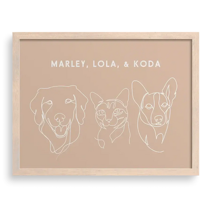 Custom Three Pet Line Drawing Portrait on Terracotta background with Brown frame – personalised pet memorial wall art