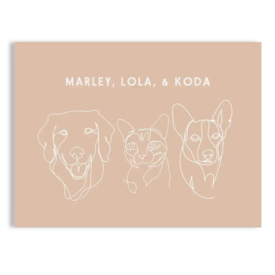 Custom Portrait for Three  Pets minimalist artwork on Terracotta background with no frame — dog painting face, personalised soft toys, dog artwork by Paw-Pixie