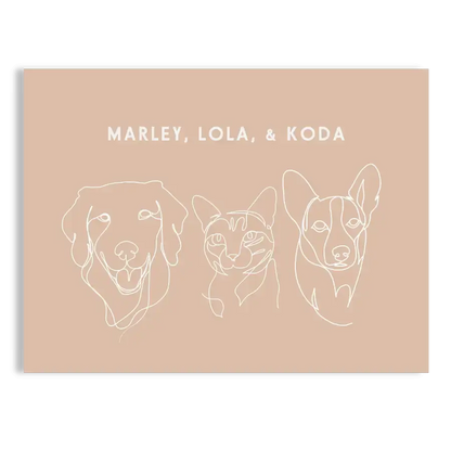 Custom Portrait for Three  Pets minimalist artwork on Terracotta background with no frame — dog painting face, personalised soft toys, dog artwork by Paw-Pixie