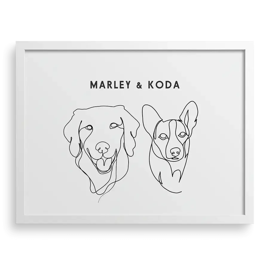 Custom Portrait for Two Pets wall art on Soft White background with White frame — dog and cat for art, dog memorial, pet memorial gifts by Paw-Pixie