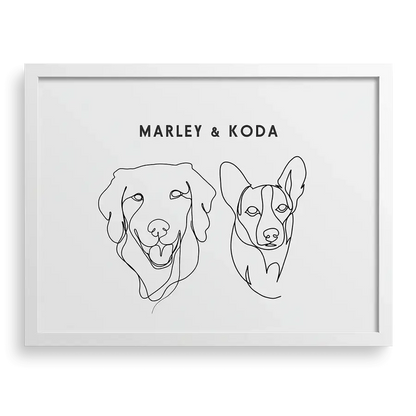 Custom Portrait for Two Pets wall art on Soft White background with White frame — dog and cat for art, dog memorial, pet memorial gifts by Paw-Pixie
