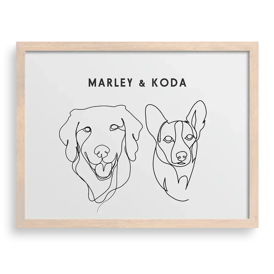 Custom Portrait for Two Pets wall art on Soft White background with Brown frame — cuddle clones louisville, dog memorial, pet memorial gifts by Paw-Pixie