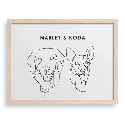 Custom Portrait for Two Pets wall art on Soft White background with Brown frame — cuddle clones louisville, dog memorial, pet memorial gifts by Paw-Pixie