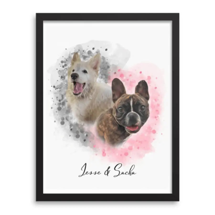Paw-Pixie custom watercolor pet portraits collage with multiple animals in black frames by Paw-Pixie