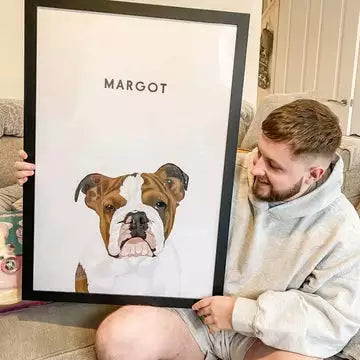 Happy customer holding a custom dog portrait canvas