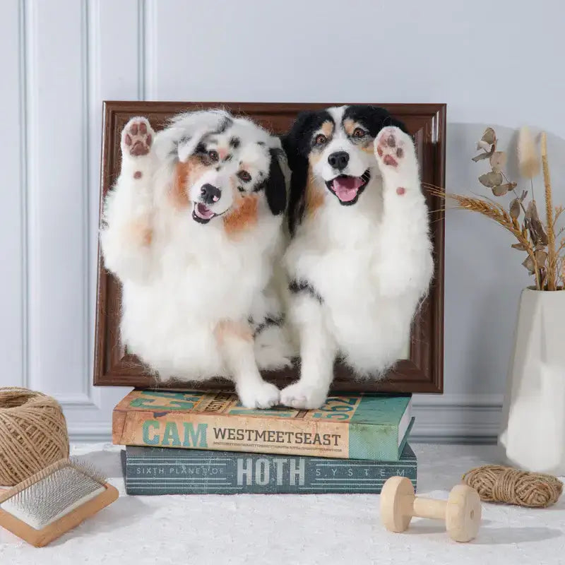 Custom framed plush pet portrait of two dogs, realistic memorial artwork gift