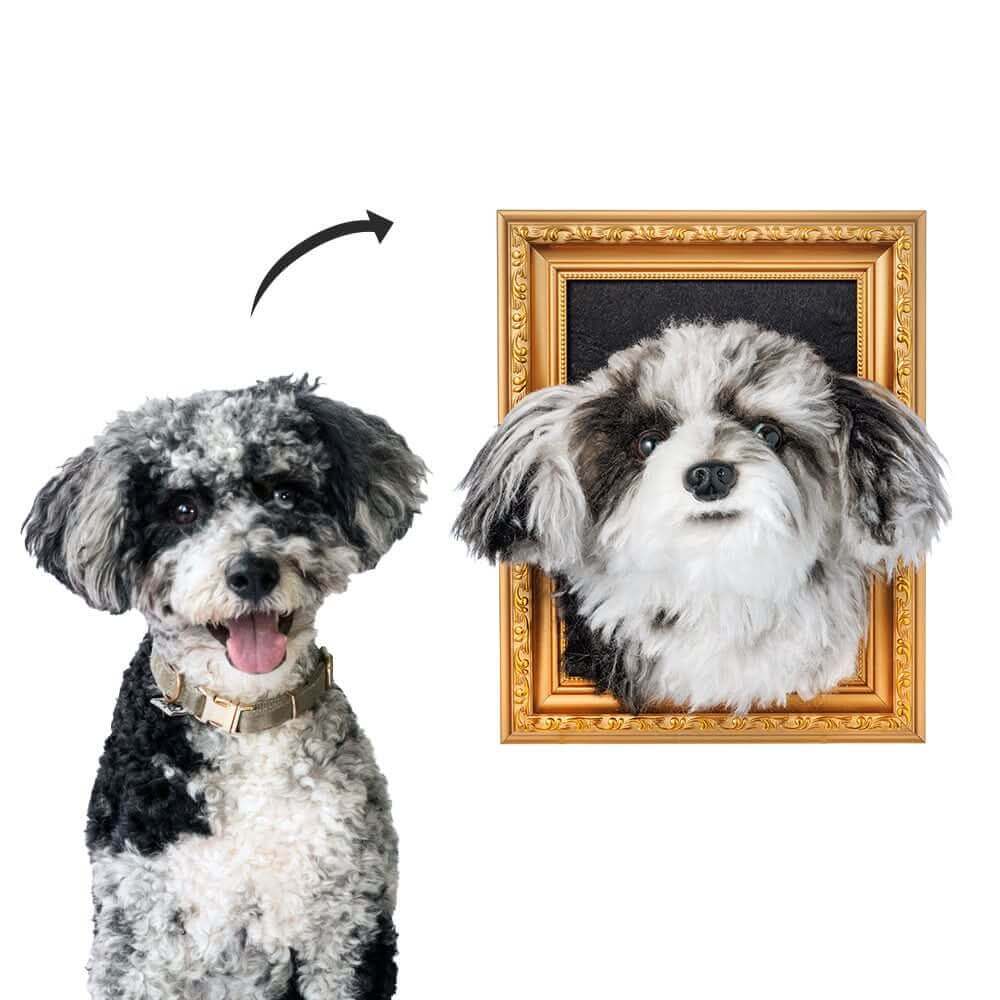 Custom framed plush pet portrait with realistic dog artwork, personalised memorial gift