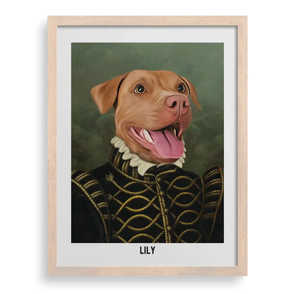 The Baroness Custom Pet Portrait with Brown frame, renaissance style dog artwork gift by Paw-Pixie